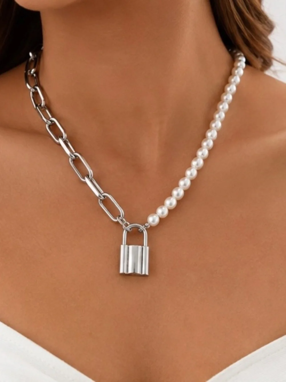 Silver-Tone Pearl & Paperclip Chain Lock Necklace
